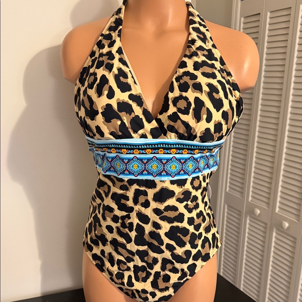 La Blanca Sz 12 or 14 Running Wild Leopard Print One Piece Swimwear Blue Accents